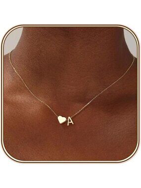 Dainty Heart Initial Necklace - 18K Gold Plated A-Z Pendant for Women & Teens